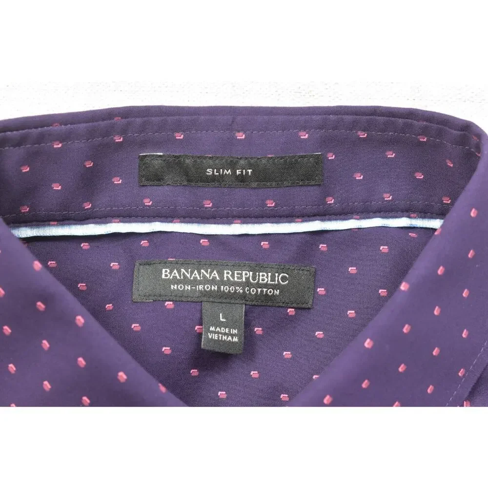 Banana Republic Shirt Mens Large Slim Fit Purple Polka Dot Long Sleeve Non-Iron